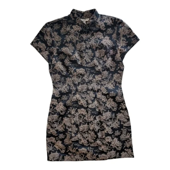 Vintage Cheongsam Qipao Mini Zippered Dress Black Gold Women's Small - Picture 1 of 8